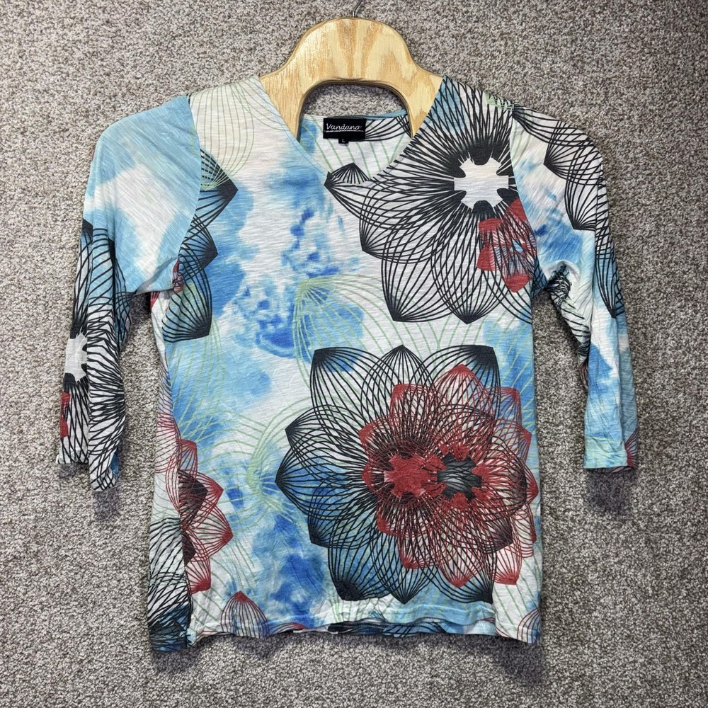 Vandana Shirt Womens Large Blue Floral V Neck 3/4 Sleeve Top Lightweight Jersey